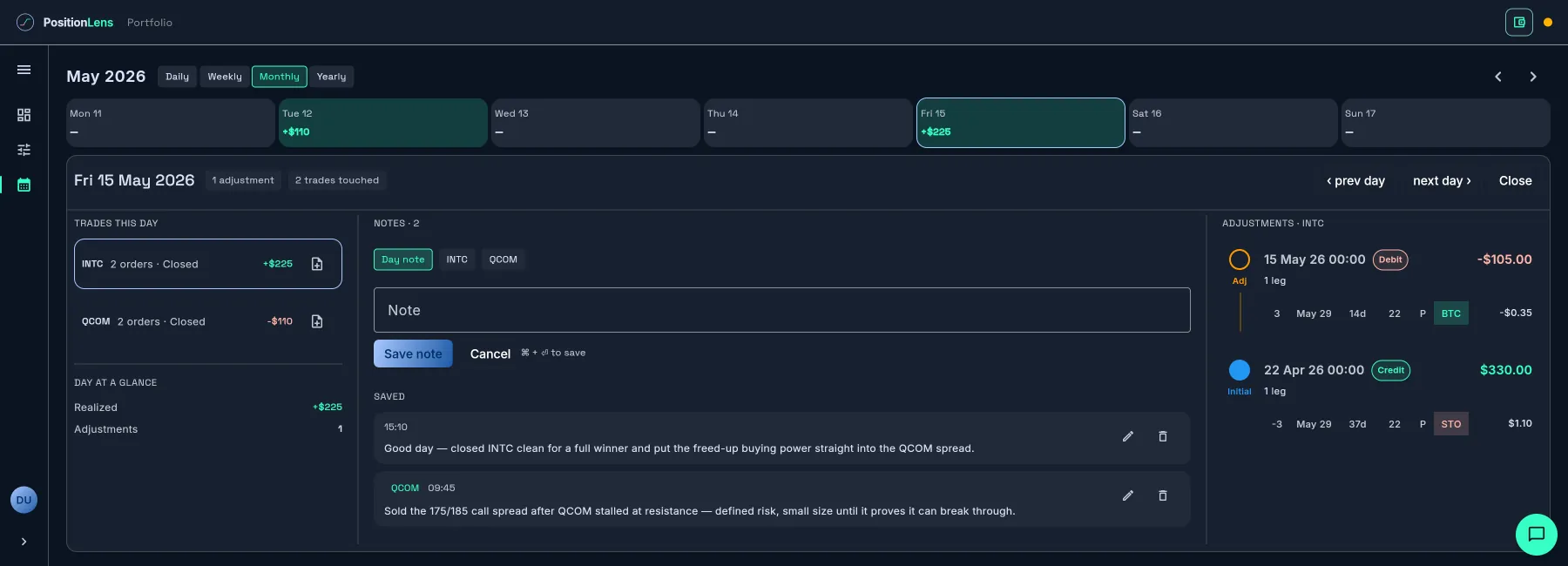 Position Lens journal day sheet for Fri 15 May 2026: the day's INTC and QCOM trades, two saved notes scoped to the day and to QCOM, and the full adjustment history side by side, under a Mon–Sun week strip